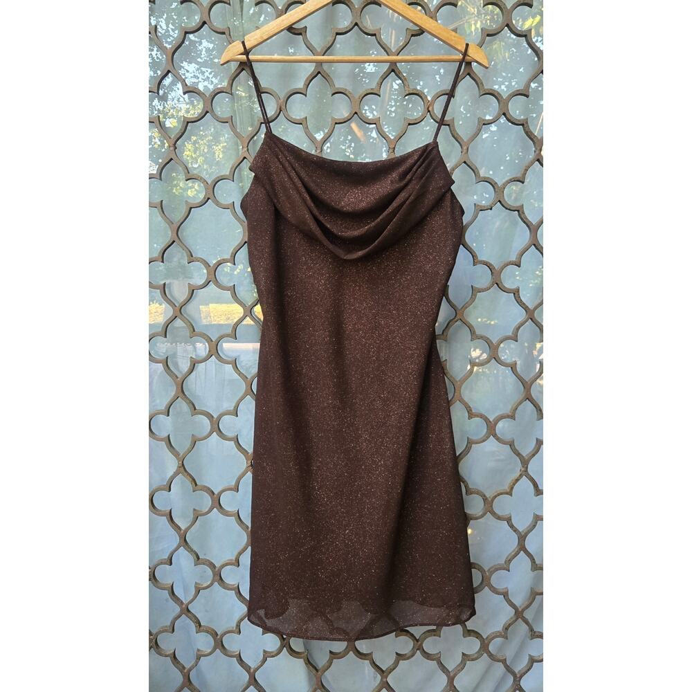 Onyx Nite Vintage 90s Y2K Fairy Whimsigoth Hoco Cowl Neck Brown Sparkle Dress 14